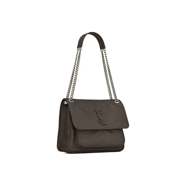SAINT LAURENT Niki Leather Hobo Bag Shoulder Bag Crossbody Bag Medium Size Women's Gravel Gray With Khaki Accents-1