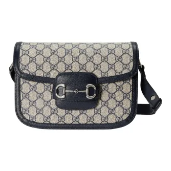 GUCCI Horsebit 1955 Canvas With Leather Trim Handbag, Shoulder Bag, Crossbody Bag Small Size Unisex Blue/Beige