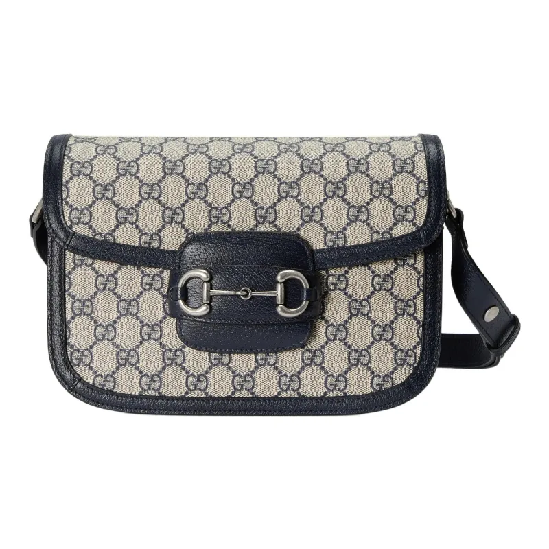 GUCCI Horsebit 1955 Canvas With Leather Trim Handbag, Shoulder Bag, Crossbody Bag Trumpets Unisex Blue/Beige-0