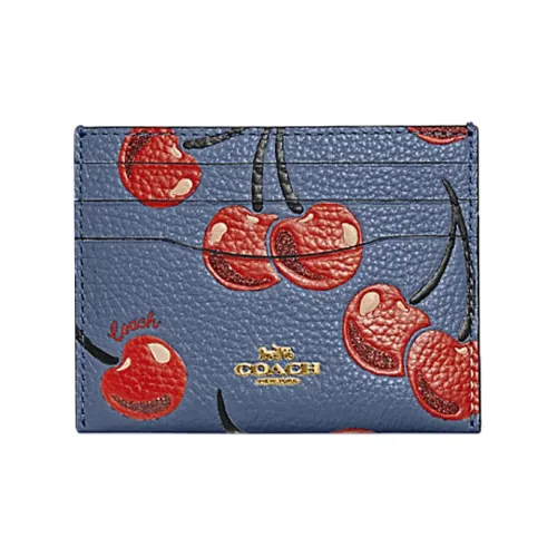 COACH Pebbled Leather Card Clip Card Holder Women's Blue Red