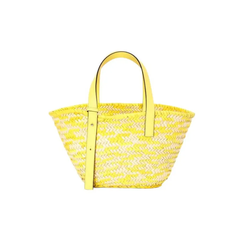 LOEWE Anagram Basket Palm Leaf Cow Leather Woven Tote Handbag Medium Size Women's Lemon-1