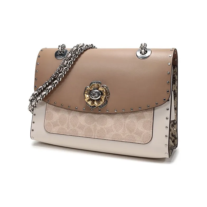 COACH Parker Coated Canvas With Leather Chain Bag, Handbag, Shoulder Bag, Crossbody Bag Women's Light Brown With Sand-1
