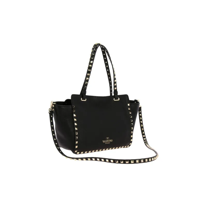 Valentino Rockstud Cow Leather Tote Shoulder Bag, Handbag Medium Size Women's Black-2