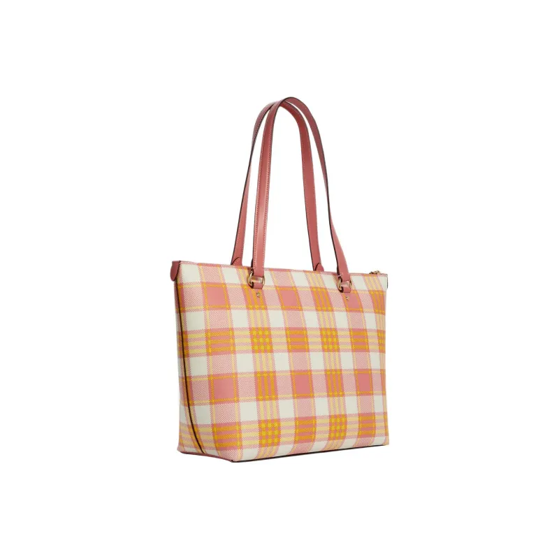 COACH Gallery Coated Canvas With Leather Tote Bag, Shopping Bag, Shoulder Bag Women's Toffee & Gold Zip Closure-1