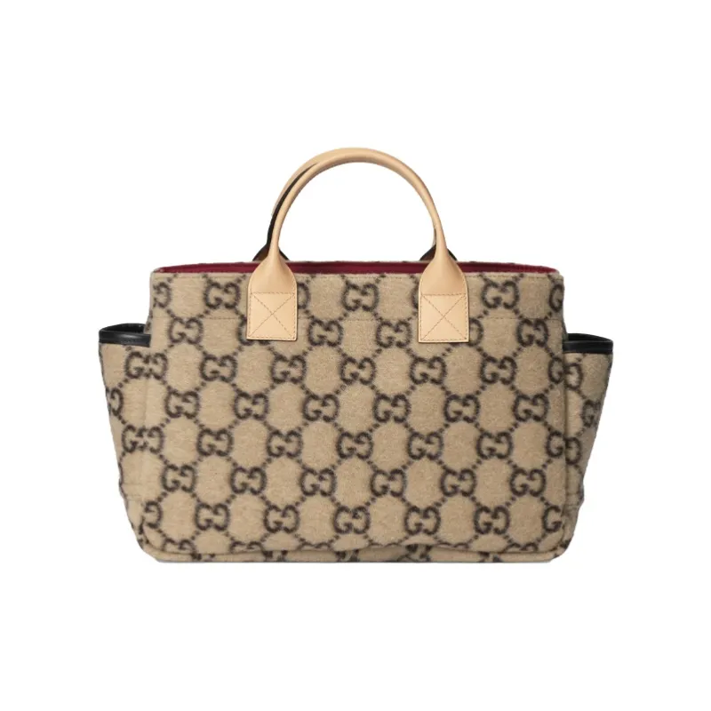 GUCCI Wool Patchwork Leather Tote Handbag Kids' Bag Kids' Beige/Black-2