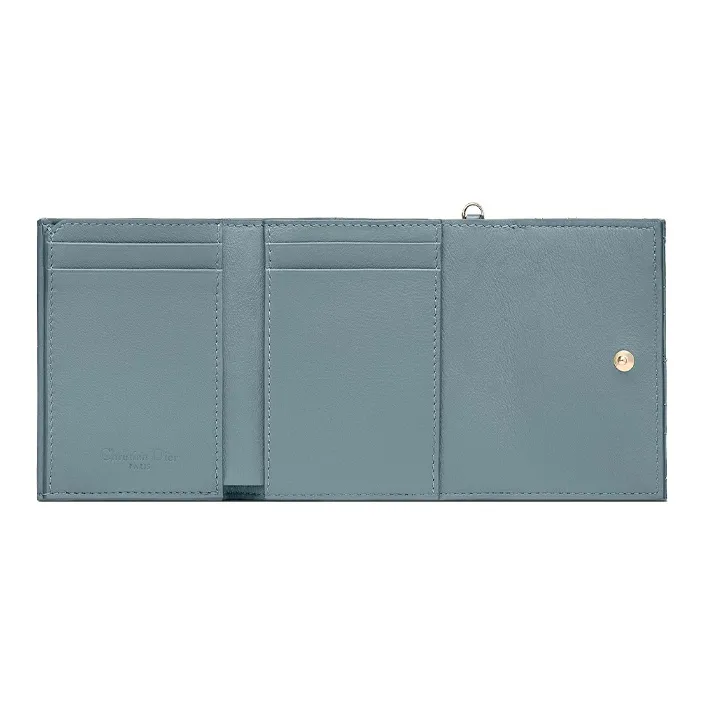 DIOR Lady Dior Patent Leather Calfskin Wallet, Card Holder Women's Gray Blue-3