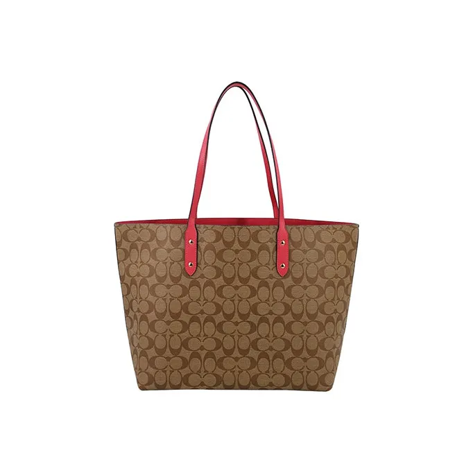 COACH Town PVC Tote Bag, Shopping Bag, Handbag, Shoulder Bag Women's Light Brown & Red Edge-2