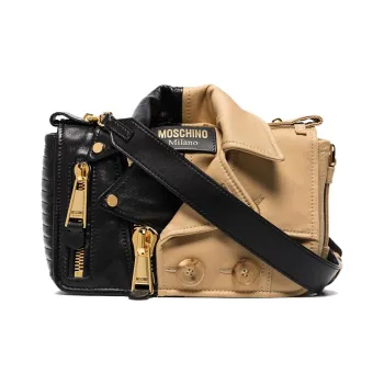 MOSCHINO Fabric With Leather Small Square Bag Biker Shoulder Bag Crossbody Bag Women's Black Brown Multicolor