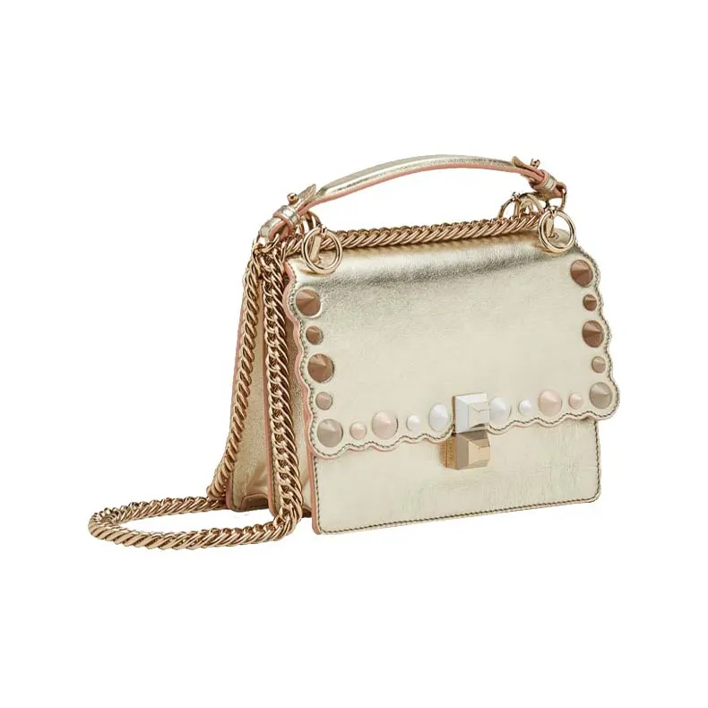 FENDI Kan I Leather Shoulder Bag Crossbody Bag Small Size Women's Champagne Gold-1
