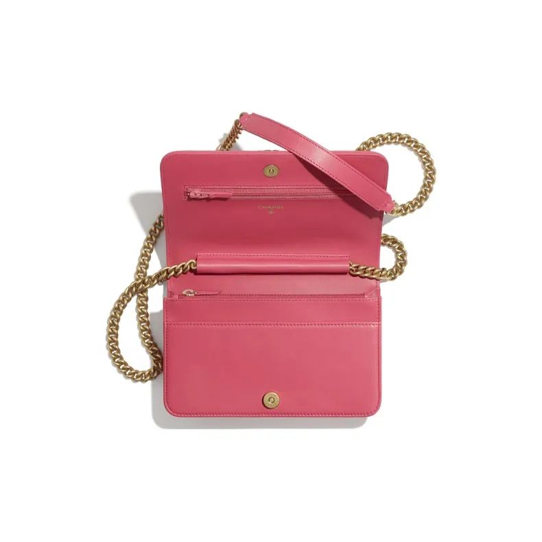 CHANEL Leboy Sheepskin And Gold Plated Metal Wallet, Shoulder Bag Women's Pink-2