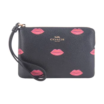 COACH Corner Zip PVC Coin Purse Women's Black Base With Red Lip Print