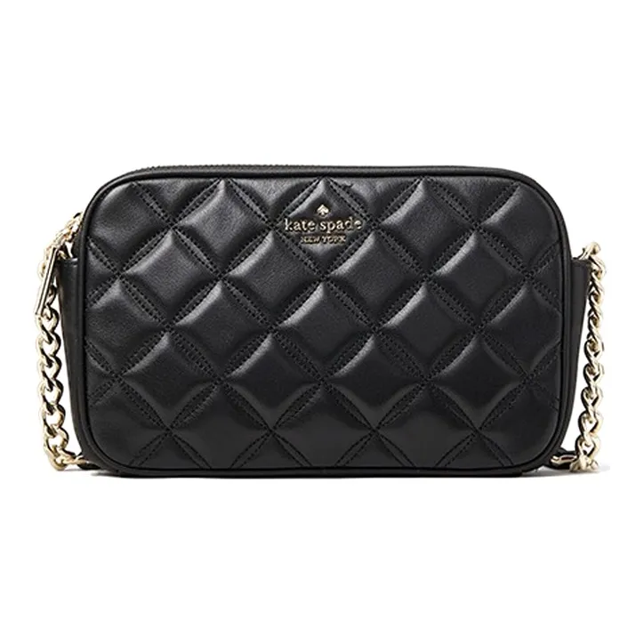 Kate Spade Natalia Quilting Cow Leather Shoulder Bag Chain Camera Bag Crossbody Bag Small Size Women's Black-0