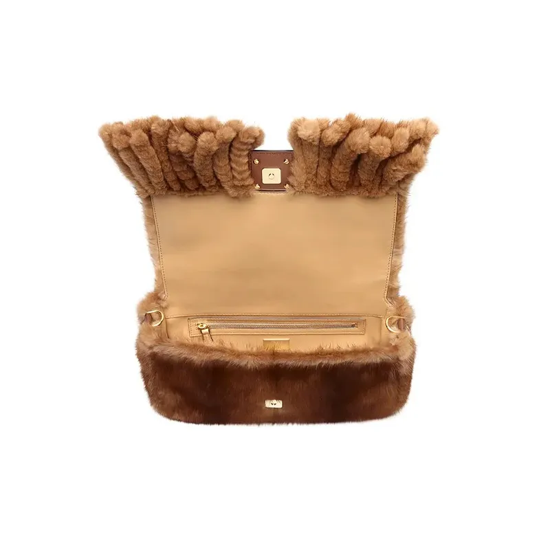 FENDI Baguette Mink Fur Blended With Lambskin Baguette Bag Handbag Shoulder Bag Crossbody Bag Medium Size Women's Brown-3
