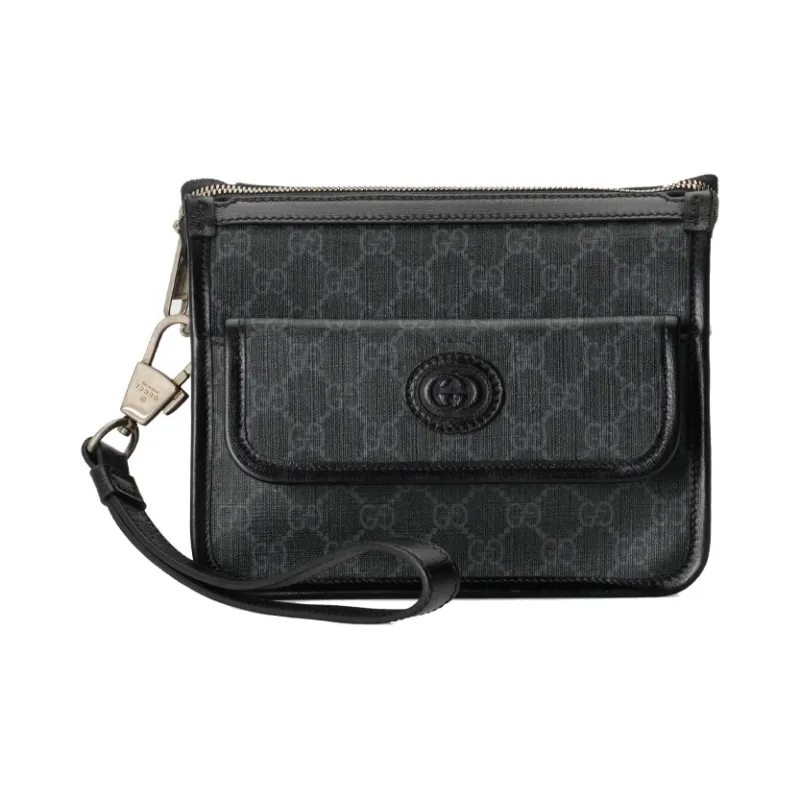 GUCCI GG Retro Series Leather Paneled Canvas Messenger Bag Crossbody Bag Shoulder Bag Men's Black Gray Color-1