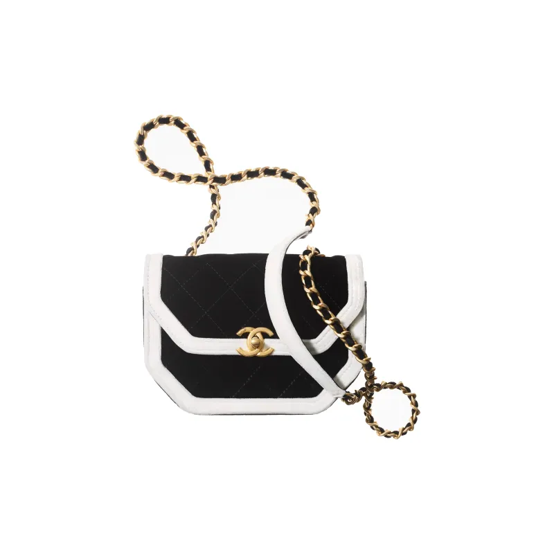 CHANEL 21K Winter Velour Flap Bag, Shoulder Bag, Crossbody Bag Mini Women's Black/White-0