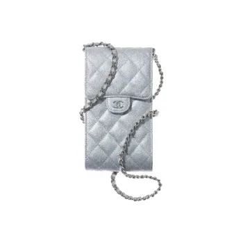 CHANEL 21K Winter Shimmery Metal Texture Grain Calfskin Shoulder Bag, Crossbody Bag Women's Silver