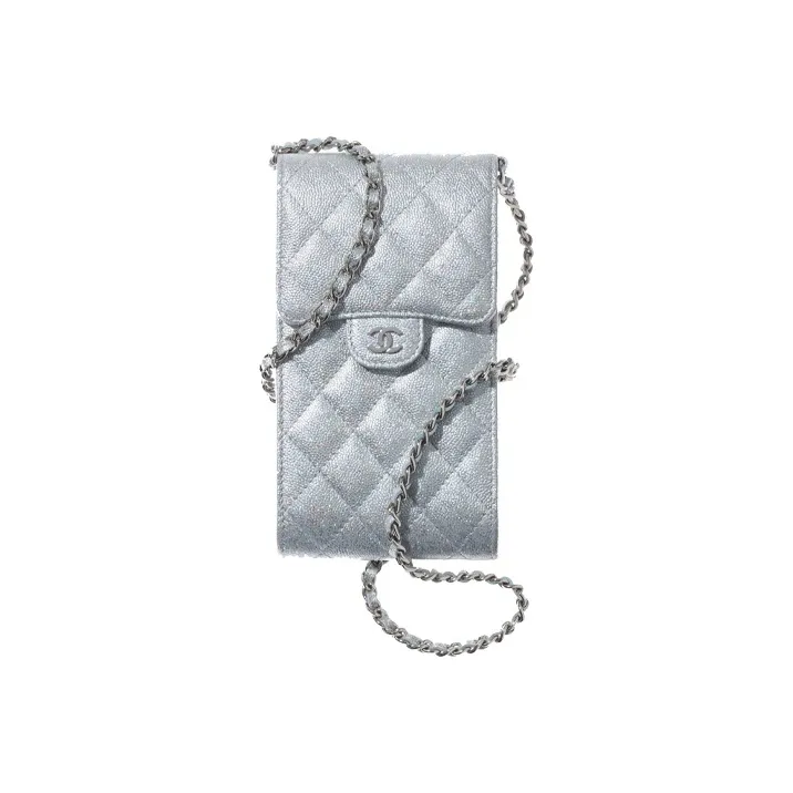 CHANEL 21K Winter Shimmery Metal Texture Grain Calfskin Shoulder Bag, Crossbody Bag Women's Silver-0