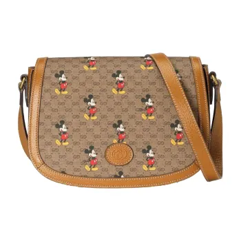GUCCI Disney Collaboration Leather Saddle Bag Crossbody Shoulder Bag Unisex Ebony & Brown