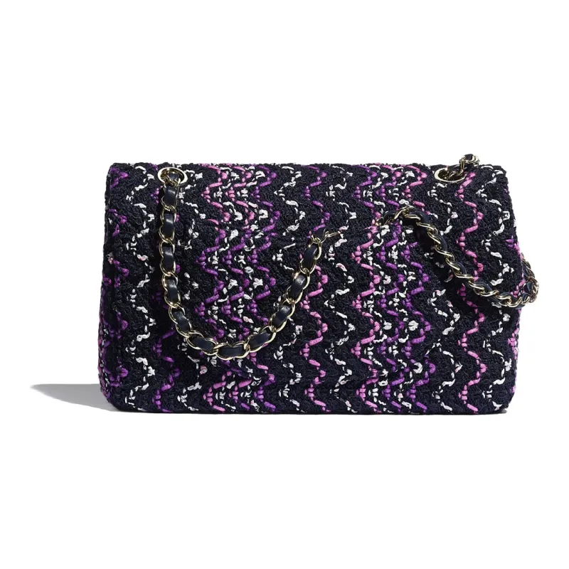 CHANEL Woven Cotton & Metal Flap Bag, Handle Chain, Shoulder Bag Women's Purple & Marine Blue & Pink-1