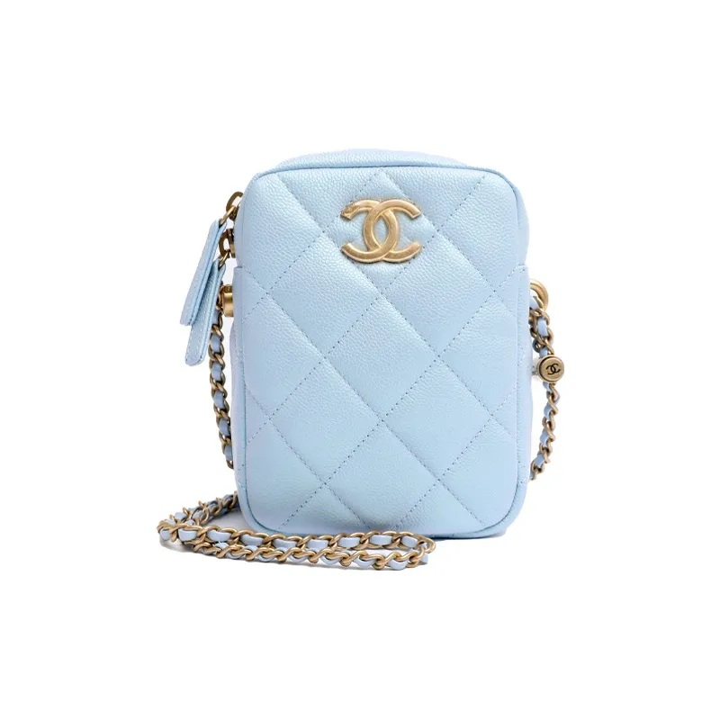 CHANEL 21K Winter Cow Leather Shoulder Bag Cell Phone Pouch Box Bag Crossbody Bag Regular Women's Light Blue-0
