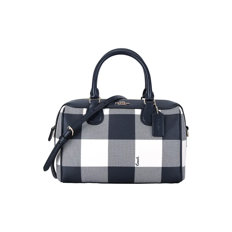 COACH Bennett Leather Boston Bag Crossbody Bag Shoulder Bag Handbag Small Size Women's Navy Blue Plaid-0