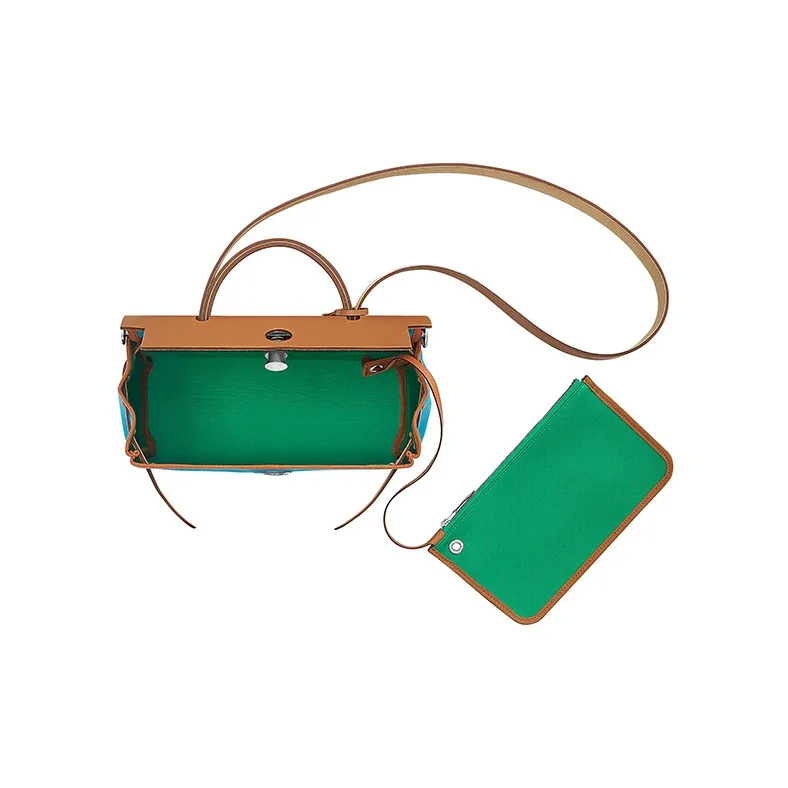 HERMES Herbag Canvas With Hunter Cow Leather Handbag Shoulder Bag Crossbody Bag Women's Aztec Blue/Mint Green/Natural-3