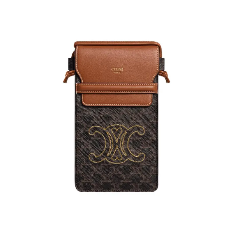 CELINE Triomphe Leather Shoulder Bag Crossbody Bag With Cell Phone Pouch Women's Tawny-0