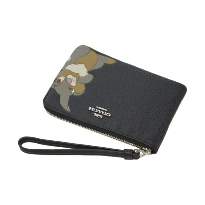 COACH Disney, Collaboration Corner Zip Pebbled Leather Pochette Clutch Wallet Wrist Bag Small Size Women's Black-3