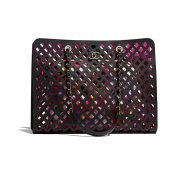 CHANEL Calfskin & Print Fabric & Metal Shoulder Bag, Handbag, Tote Bag Women's Black/Multicolor