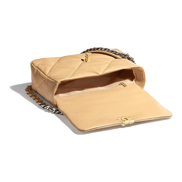 CHANEL 19Bag Shiny Goatskin Metal Flap Bag Handbag, Shoulder Bag, Crossbody Bag Women's Beige-2