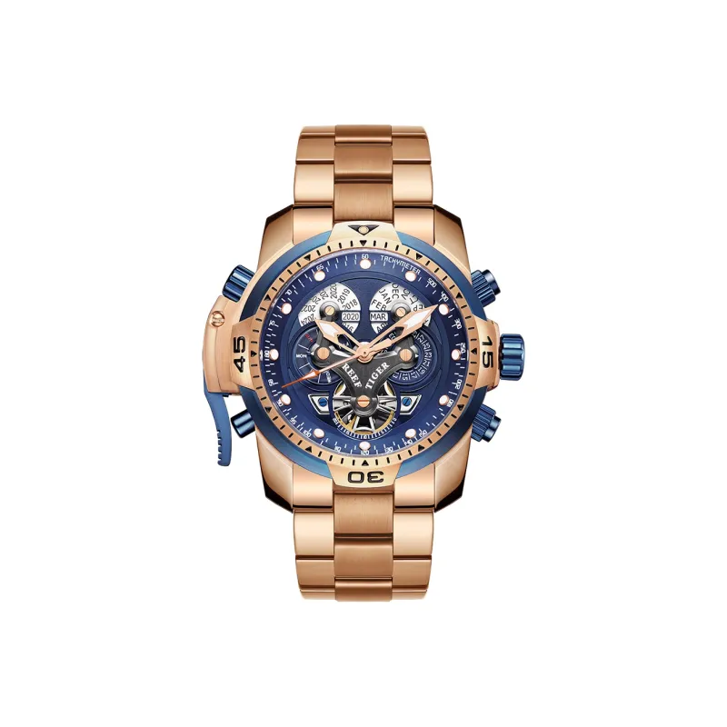 REEF TIGER Aurora Mechanical Movement Stainless Steel Watchband Watch Men's Watches Blue Dial-0