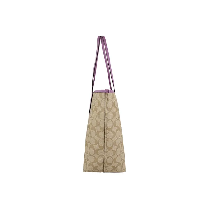 COACH City Canvas With Leather Tote Bag Shopping Bag Shoulder Bags Large Size Women's Light Khaki With Purple-3