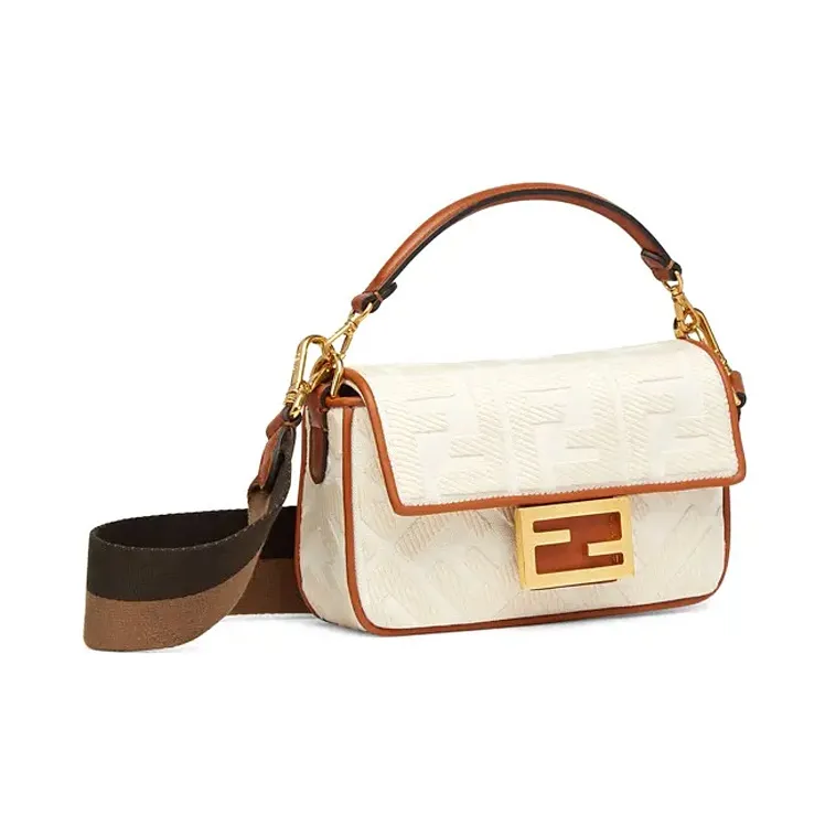 FENDI Baguette Cotton, Nylon, Polyurethane, Cow Leather Shoulder Bag, Crossbody Bag, Handbag Mini Women's White-1