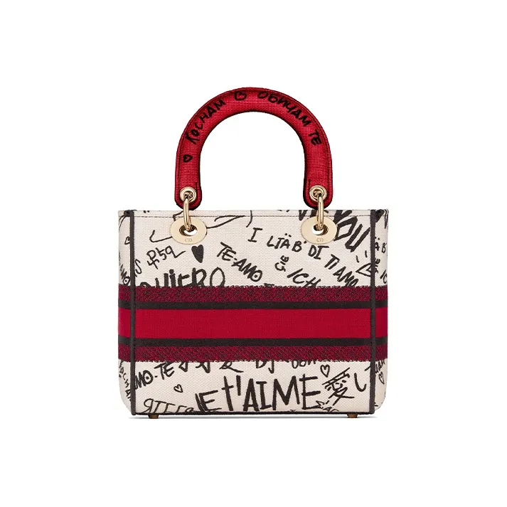 DIOR Lady Dior Embroidery Dior Bag Shoulder Bag Crossbody Bag Handbag Medium Size Women's White/Red-1