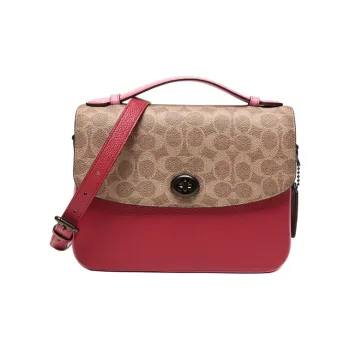 COACH Cassie Canvas With Leather Messenger Bag Handbag Shoulder Bag Crossbody Bag Medium Size Women's Brown Yellow/Red