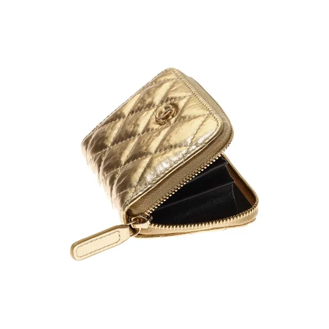 CHANEL 21K Winter Metal Texture Calfskin Handheld Zippers Wallet Card Holder Coin Purse Women's Gold-2