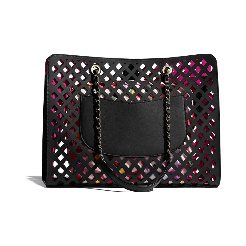 CHANEL Calfskin & Print Fabric & Metal Shoulder Bag, Handbag, Tote Bag Women's Black/Multicolor-2