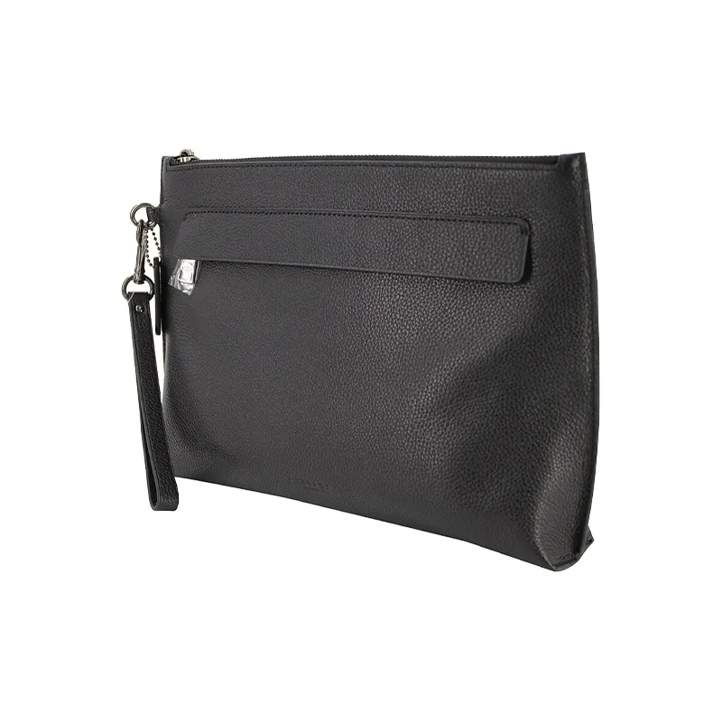 COACH Pouch Polished Pebbled Leather Wrist Bag Clutch Large Size Men's Black-1