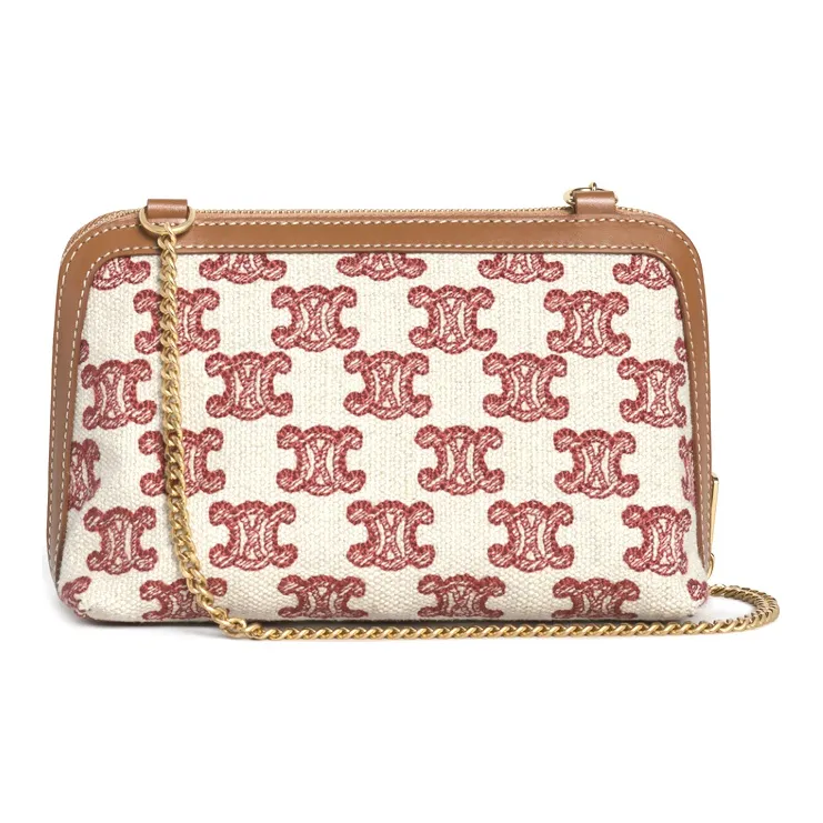 CELINE Triomphe Embroidered Fabric Cow Leather Binding Chain Bag Shoulder Bag Crossbody Bag Women's Red Fox-3