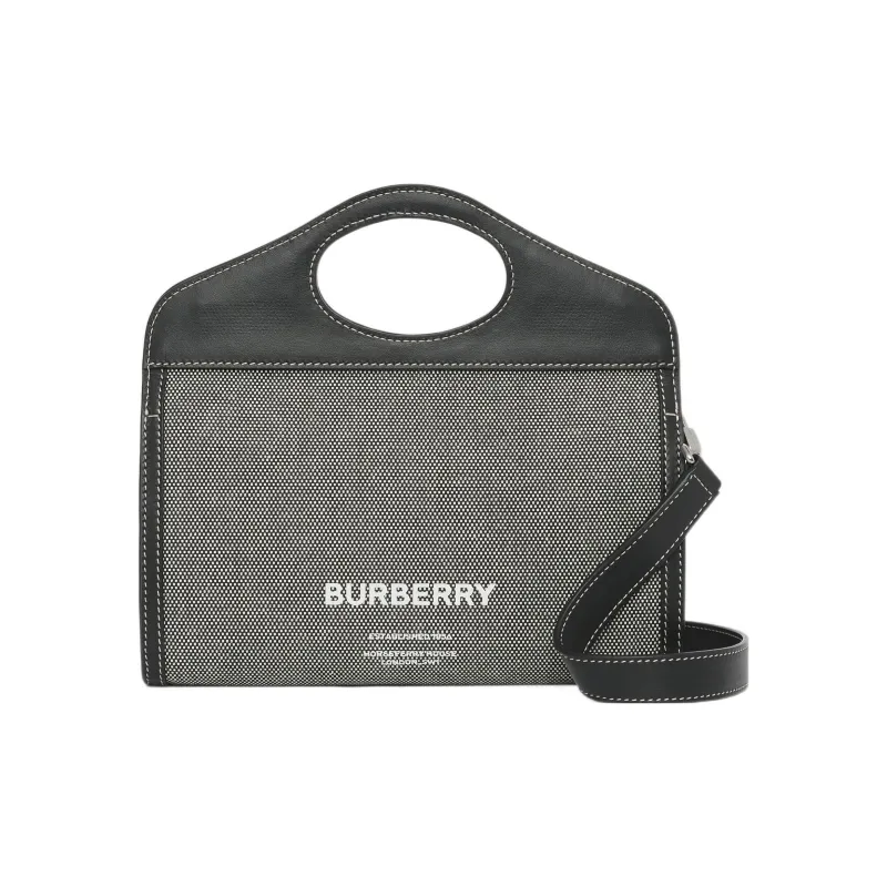 Burberry Horseferry Calfskin With Cotton Tote Bag Shopping Bag Shoulder Bag Crossbody Bag Handbag Men's Black/Gray-1