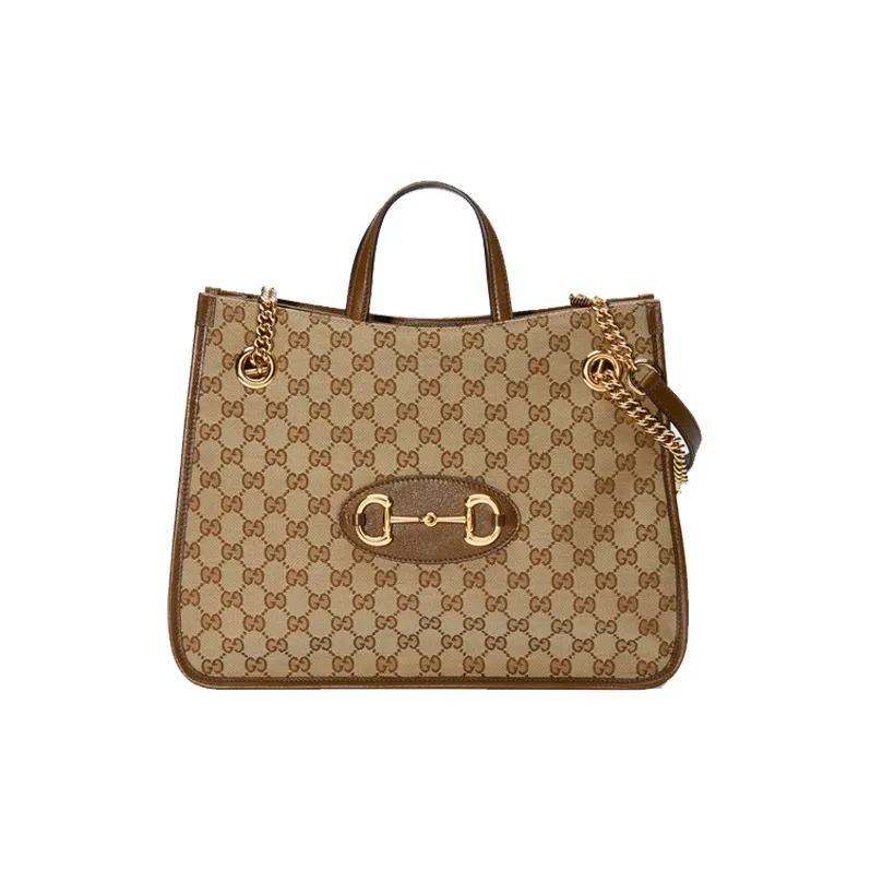 GUCCI Horsebit 1955 Canvas With Leather Tote Bag Shopping Bag Handbag Shoulder Bag Medium Size Unisex Ebony/Brown-0