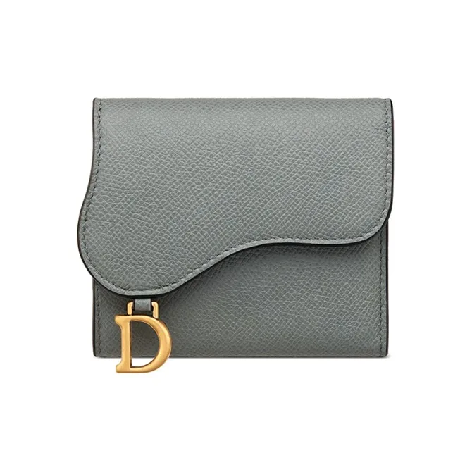 DIOR Saddle Grained Calfskin Card Holder Wallet Women's Rock Gray-0