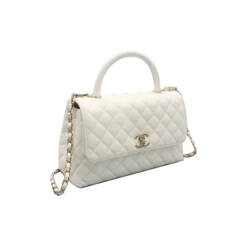 CHANEL Coco Handle Grain Embossed Calfskin Chain Bag, One Shoulder Handbag Women's White-1
