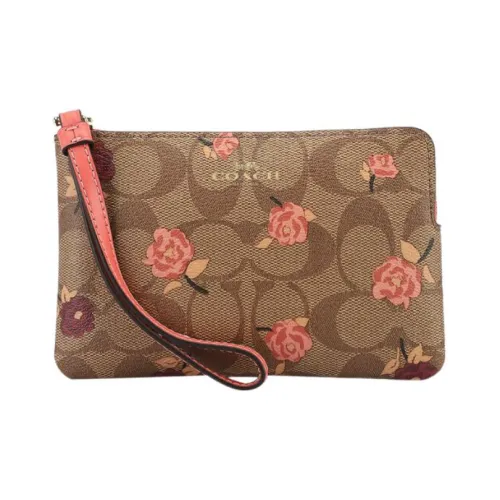 COACH Corner Zip Leather Wrist Bags Clutches Small Size Women's Khaki
