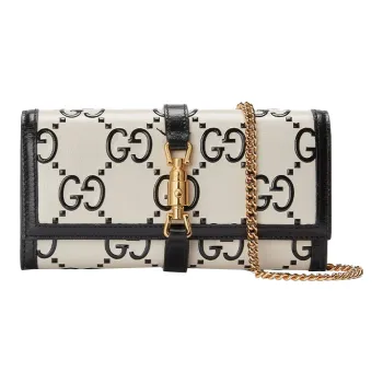 GUCCI Jackie 1961 Canvas With Leather WOC Chain Bag Shoulder Bag Crossbody Bag Small Size Women's Black White
