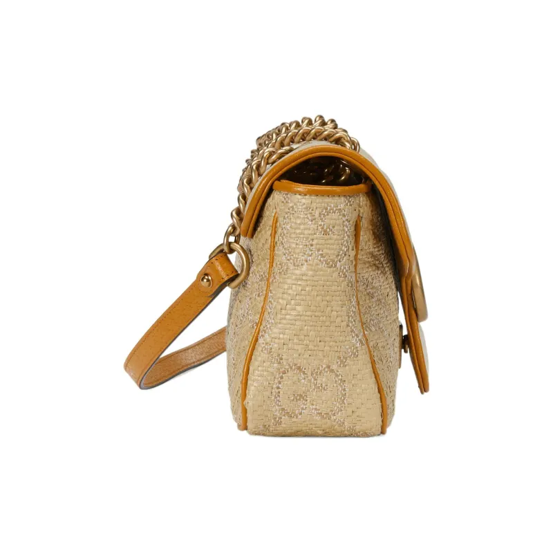 GUCCI Marmont Raffia Patchwork Leather Crossbody Bag Shoulder Bag Small Size Women's Natural Multicolor-3