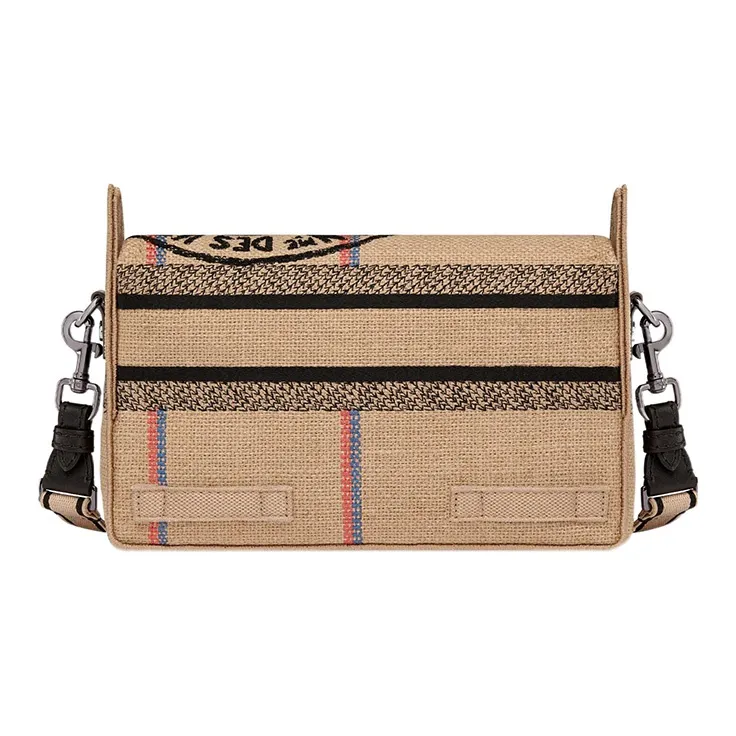 DIOR DiorCamp Jute Canvas Embroidery Canvas Bag Messenger Bag Shoulder Bag Crossbody Bag Small Size Unisex Beige-3