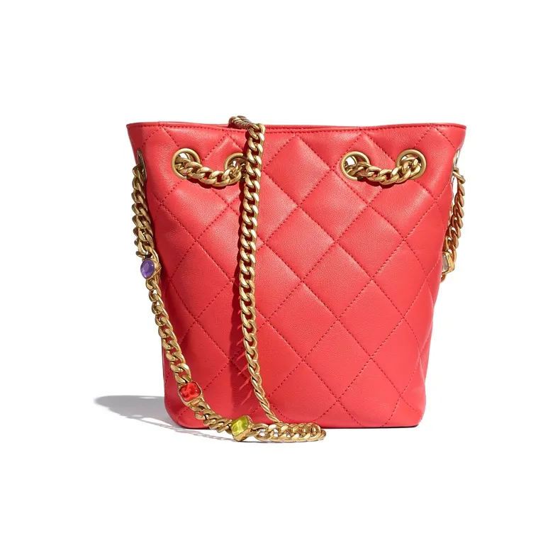 CHANEL Lambskin & Gold Metal & Multicolor Resin Chain Bag, Crossbody Tote, Shoulder Bag Women's Red & Multicolor-1