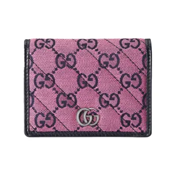 GUCCI Marmont Quilting Canvas With Leather Double Fold Flap Card Holder Canvas Bag Wallet Women's Pink/Dark Blue