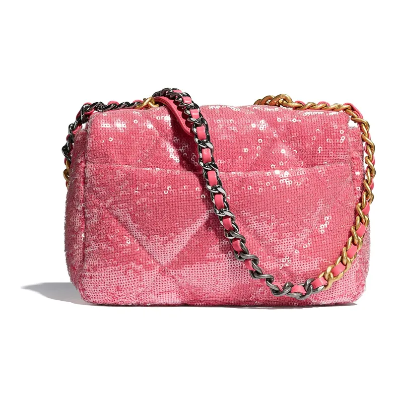 CHANEL 19Bag Sequined Calfskin Flap Bag, Shoulder Bag, Crossbody Bag Trumpets Women's Coral-2